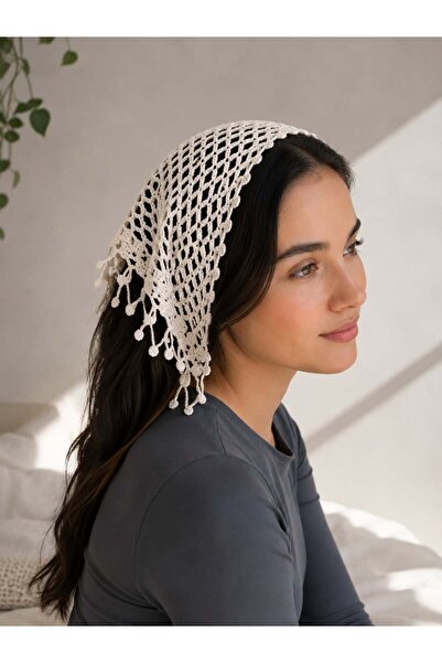 yes ticaret Kadın El Yapımı Örgü Bandana Bohem Retro Saç Eşarbı Bej