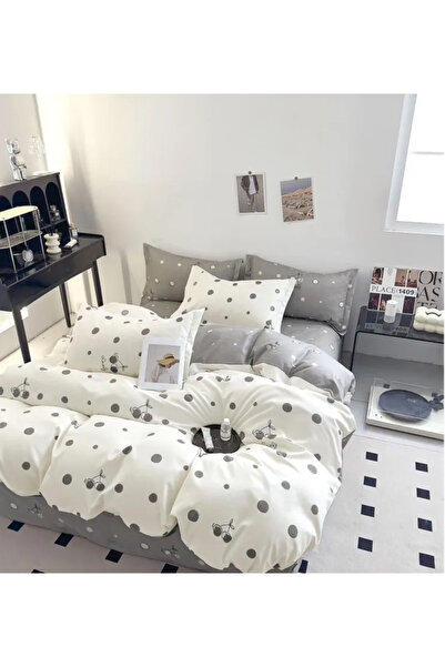 Pucioasa Set de lenjerie de pat Finet 6 piese, Crem/Gri cu buline și cireșe-R536
