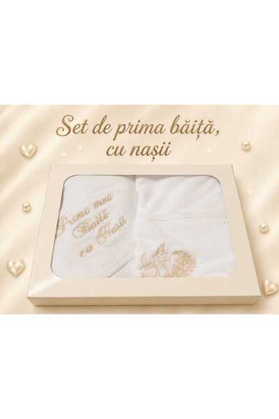 HUGBEBE Set de prima baita, Ingeras brodat, cu prosop si halat, crem