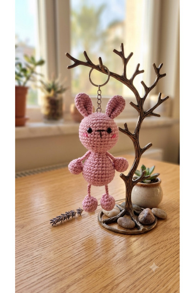 Bir Kırtasiye Amigurumi Tavşan Figürlü Örgü Anahtarlık Pembe