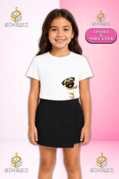 SİNREZ Set pentru fete KOPEK PUG YANDAN YARM Tricou cu mânecă scurtă imprimat...