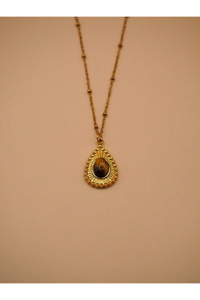Stelle Jewelry Stainless Steel Gold Color Vintage Necklace with Brown Stone D...