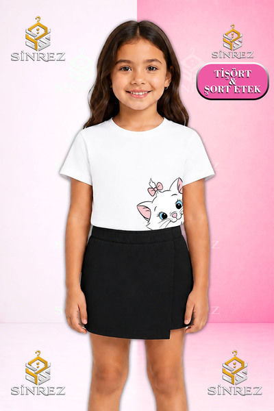 SİNREZ Set pentru fete cu imprimeu CAT, cu panglici pe cap, tricou cu mânecă ...