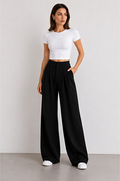olleo studio Women's Black Modal Fabric Soft Textured Trousers with Pockets