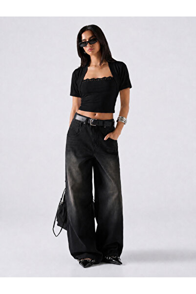 poswicon Black Lace Detailed Strapless Crop Top and Bolero Two-Piece Set