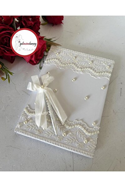 Gelincimherşey Özel Tasarım Güpür İnci Süslemeli Nikah Anı Defteri Seti