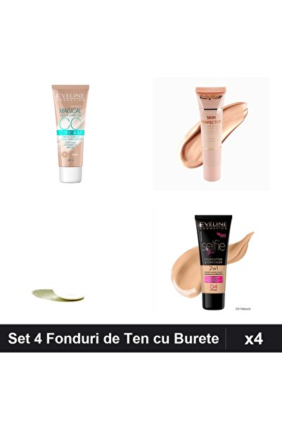 Eveline Set 4 Fonduri de Ten & Ruby Rose, Nuante Bej & , cu Burete Makeup