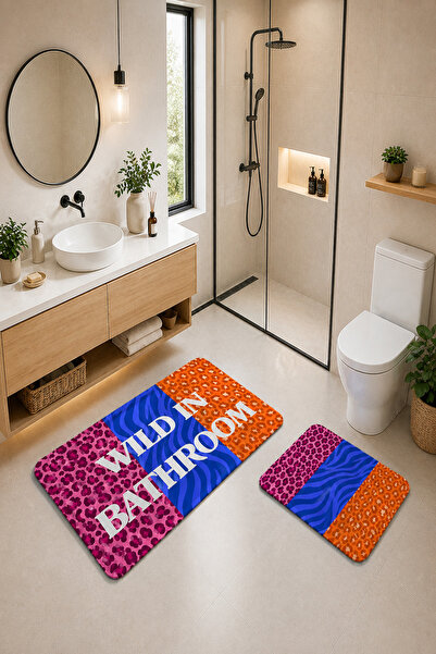 DOREM Dijital Kaymaz Yıkanabilir İkili Banyo Paspası Banyo Halısı 40x60 + 60X...