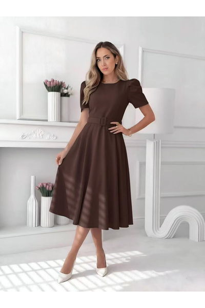 OEM Rochie midi eleganta dama uni cu curea in talie si maneca bufanta
