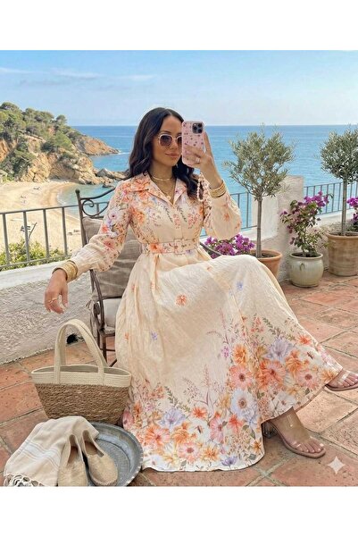 QUAWEAR Shirt Collar Buckle Belted Patterned Lilyum Fabric Full Length Dress