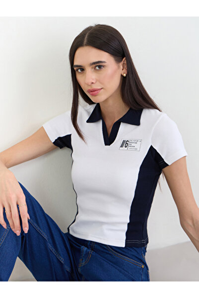Styli White Color Block Ribbed Fitted Polo T-Shirt