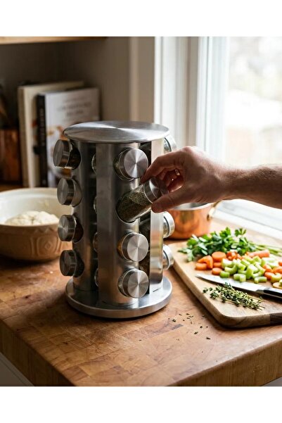 Hellomani 16-Piece Stainless Steel Metal Glass Spice Rack with Rotating Stand...