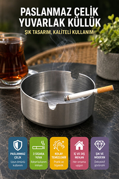 OpenCity Stainless steel metal ashtray 8 cm round desktop ashtray matte silve...