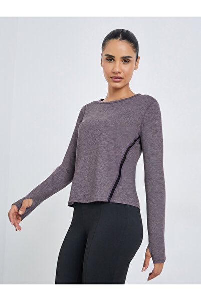 Styli Brown Melange Side Mesh Detail Long Sleeves Top