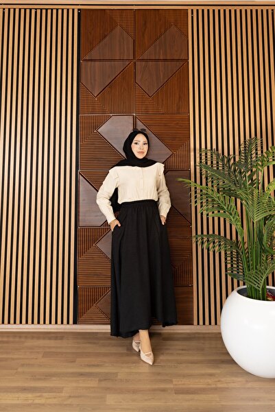Dayfabric Katlı Yazlık Basic Etek Cepli | Siyah