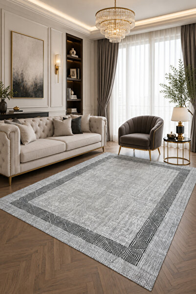 Bordo Halı Açık Gri Antrasit Geometrik Desenli Kaymaz Keçe Taban Halı Modern ...