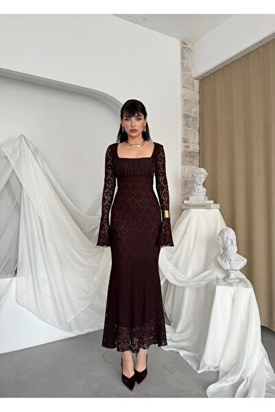 Caddebostan Moda Square Neck Long Sleeve Lace Midi Dress Stylish Evening Dress