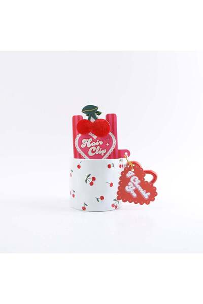 Midi Ceramic Cup with Cherry Print, Hair Clip and Socks