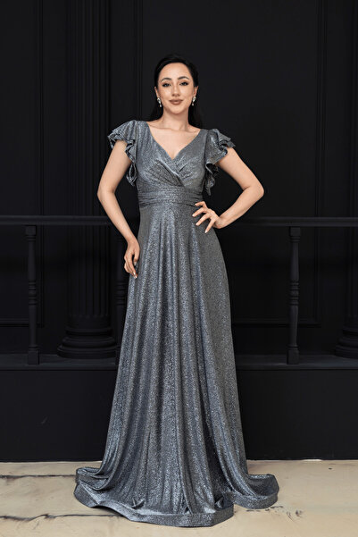 BEYBOS Long Evening Dress with Glittering Flywheel Detail - Silver
