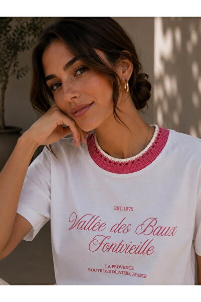 bb butik basic Γυναικείο μπλουζάκι με πέτρινη κεντητική διακόσμηση, 100% βαμβ...