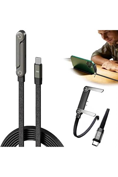Asfal 240W Type-C Hızlı Şarj Kablosu Katlanabilir Telefon Standlı Örgülü 1.5M...