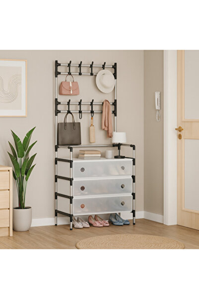 OEM Hanger with 3-tier shoe rack and 8 Double Panel hooks, clothes and shoe r...