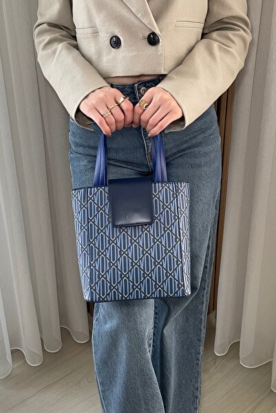 Fibag Women's Navy Blue Patterned Bucket Model Bag - Adjustable Long Strap Ha...