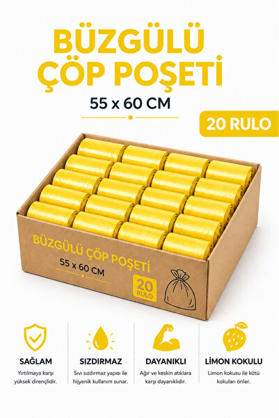 MSE HOLD Büzgülü Çöp Poşeti Limon Kokulu 55×60 cm Orta Boy 20 Rulo Dayanıklı ...