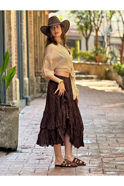 Hazinedan Women's Authentic Model Lined Italian Brown Special Design Raw Long...