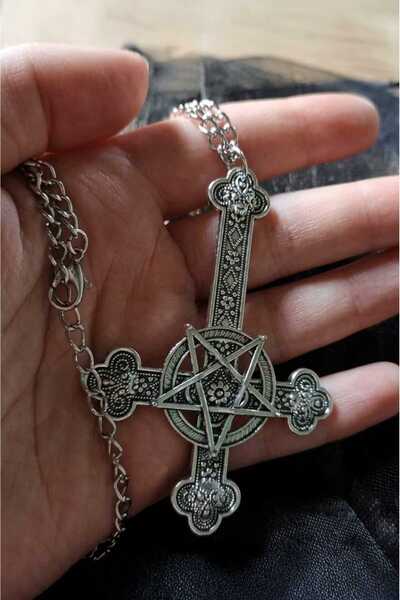 Corvus kolye&bileklik Silver Gotik Cross Motifli Pentagram Detaylı Kolye
