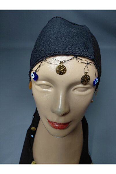 keşancım Black Plain Long Bandana with Evil Eye and Gold Sequins