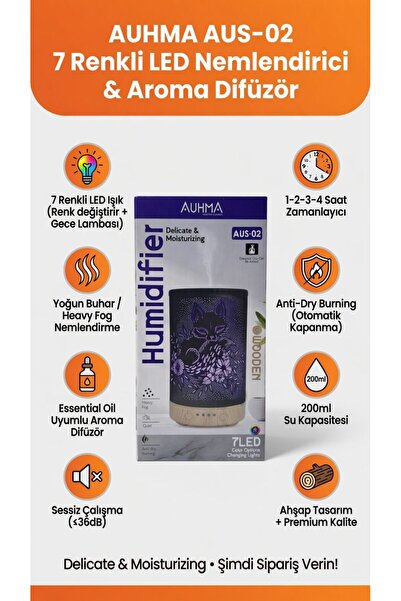 auhma Humidifier Zaman ayarlayıcılı 7 Farklı LED ışıklı Buharlı Hava Temizleyici