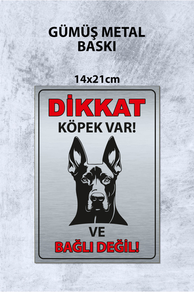 Grafiklas Dikkat Köpek Var Gümüş Metal Levha – (14x21 cm) Uyarı Tabelası Bahç...