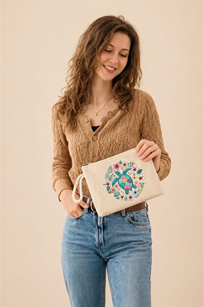 TexKid Kaplumbağa Çiçek Yaz Tasarımlı Clutch Hediye Clutch/Makyaj/El Çantası