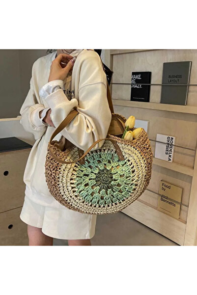 ELFAD Camel-Green Straw Shoulder Bag