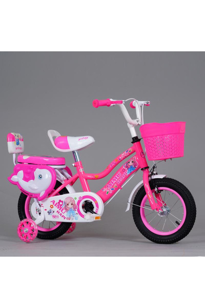LUDIRO Bicicletă Fete 12 Inch Delfin - Roz, cu Scaun Spate și Roți LED | 2-5 Ani