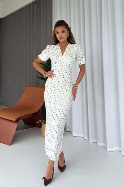 Mine Tan Butik Polka Dot Patterned Button Detail Dress - White