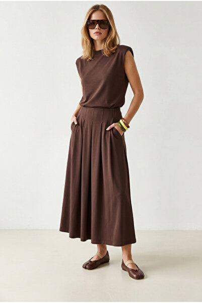 Olalook Women's Brown Padded Top Blouse with Bottom Pockets Pleated Skirt Mod...