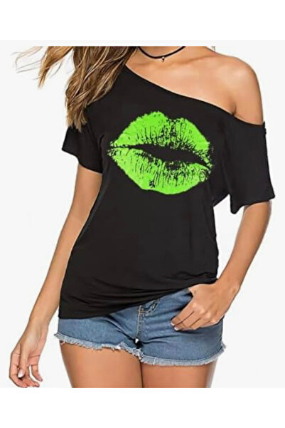 OMS Tricou damă pe umeri cu imprimeu buze