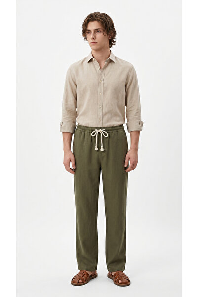 BADESSA Men's Khaki Comfortable Fit Linen Muslin Trousers Lightweight Casual ...