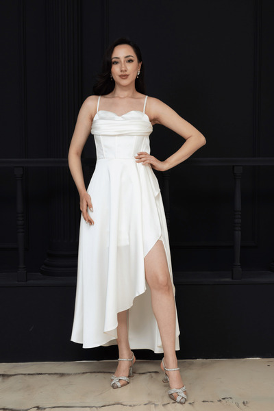 BEYBOS Degaje Collar Satin Midi Dress - Cream