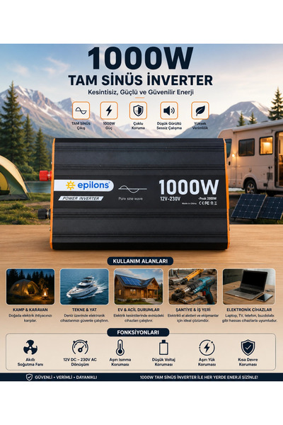 Lisinya 1000W Tam Sinüs İnverter 12V AC Çevirici | Sessiz Fanlı, USB Çıkışlı,...