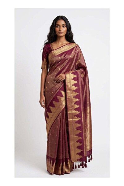 Nool ae Nool Meera Burgundy Kanchipuram Silk Saree with Unstitched Blouse