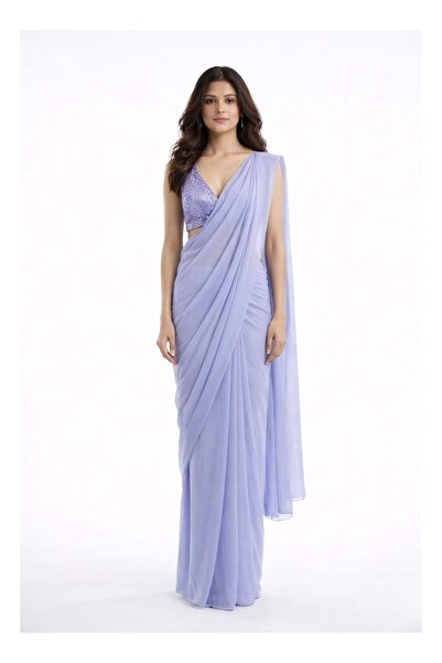 Nool ae Nool Mist Solid Chiffon Saree with Complimentary Handpicked Blouse Ma...