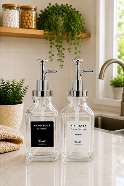 Karçiçeği Home 2’li Cam Sıvı Sabunluk Seti 500 ML – Gümüş Pompalı El Sabunu ve Bulaşık Deterjan Dispenseri