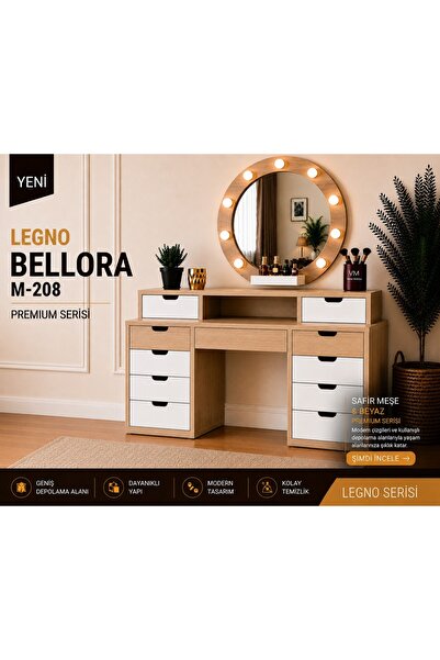 VM VERTEX MOBİLYA Legno Bellora Premium Yuvarlak Aynalı Makyaj Masası Safir M...