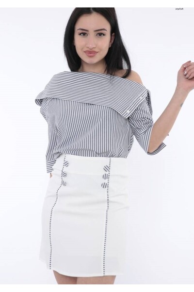 FIRST STYLE Elegant Turkish Tayor Set with White and Blue Striped Blouse in S...