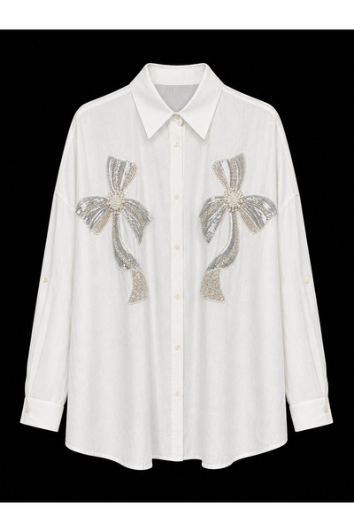 studio fashion 1988 White Oversize Cotton Viscose Shirt with Bead and Sequin ...