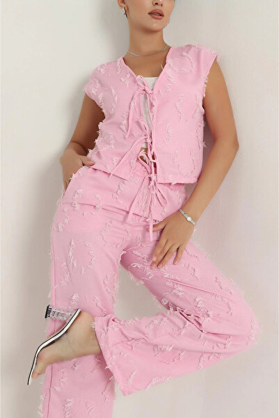 BKUzer Women's Textured Crop Vest with Tie Detail
