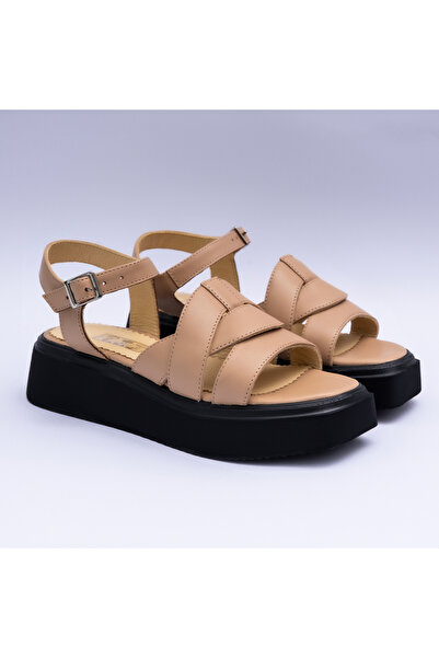 VAGAM Women's Sandals Made of Beige Genuine Leather